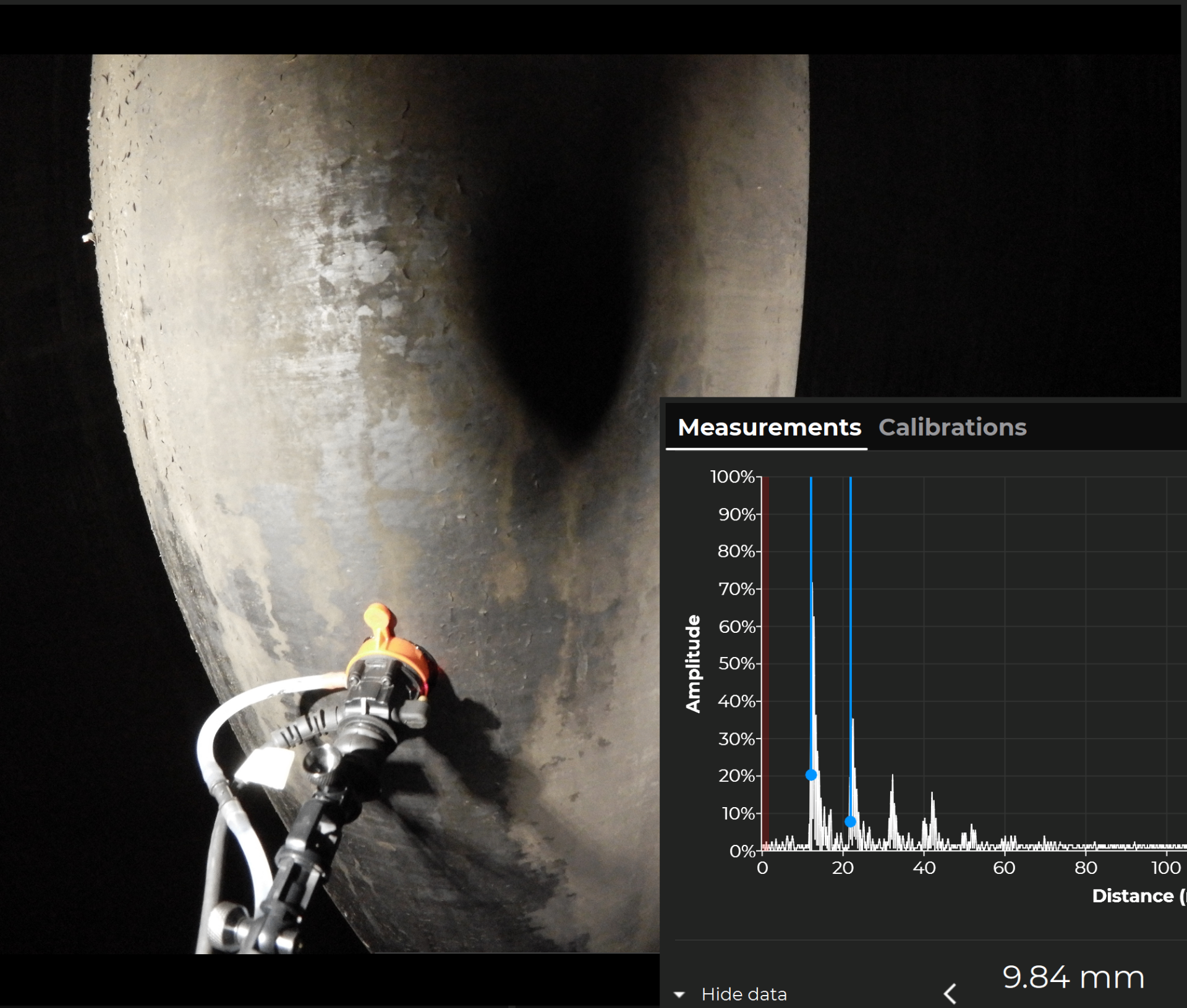 Close-up ultrasonic thickness measurement on vessel wall
